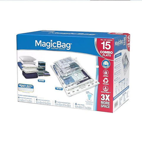 15 Pack - Magic Bag Space Bag 4 Size Storage Bags (4 Medium/4 Large/3 Extra Large/4 Large Travel) - Vacuum Storage Bags
