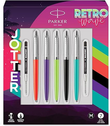 Parker Jotter Originals RETRO WAVE Ballpoint Pen - 5 Pens + 2 Refills - Medium Point - Black Ink (RETRO WAVE - Pack of 5)