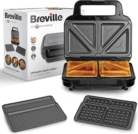 Breville 3-in-1 Ultimate Snack Maker | Deep Fill Toastie Maker, Waffle Maker & Panini Press | Removable Non-Stick Plates | Black & Stainless Steel [VST098]