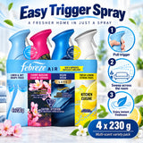 Febreze Air Freshener Spray, 4 Pack Variety Set, 230g Each, Linen & Sky, Cherry Blossom, Ocean Luxe, Fresh Lemon Kitchen