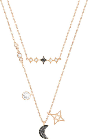 Swarovski Symbolic layered necklace Set (2), Moon and star, Black, Rose-gold tone plated 5273290