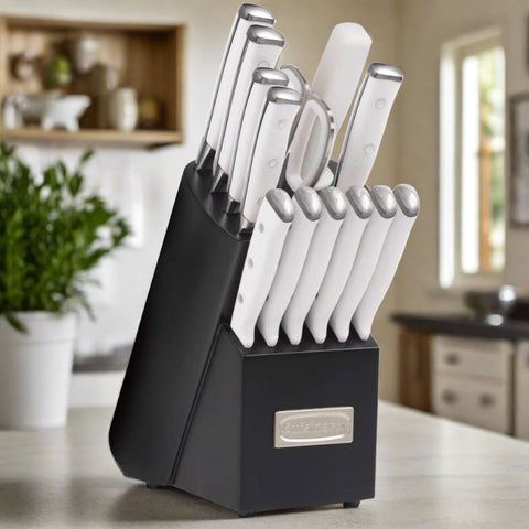 Cuisinart 15-Piece German Steel White Triple-Rivet Kitchen Knife Block Set (TRE-15WNC) (Black/White). - shopperskartuae