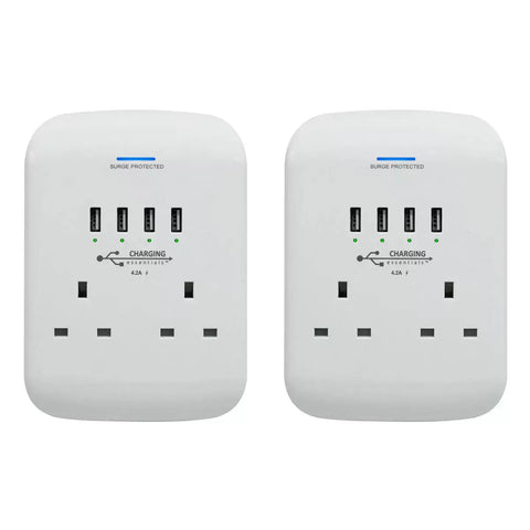 Charging Essentials Twin Socket Adaptor Surge Protected with 4 USB Chargers- Pack of 2