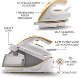 Breville VIN410 PressXpress Steam Generator Iron, 2400W, 1.7L Removable Water Tank, 5 Bar Pressure, 230g Steam Boost, Ceramic Soleplate - White & Gold