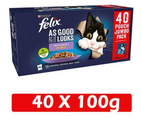 Felix As Good As It Looks Mixed Selection In Jelly Cat Food, 40 Pouch Jumbo Pack with Salmon, Chicken, Beef and Tuna 40 x100g