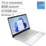 HP Laptop 14" Display, 14-dq4003ca, Intel Core i5-1155G7, 8 GB RAM with 3200 MHz, 512 GB, Intel Iris Xe graphics, Touch Screen, IPS Display, Windows 11 Home, English Keyboard, Color: Silver